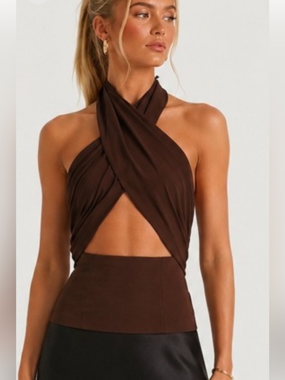 Charcoal Sara Halter Cut Out Top Brown Criss Cross Back Zip AUS 6 XS NWOT